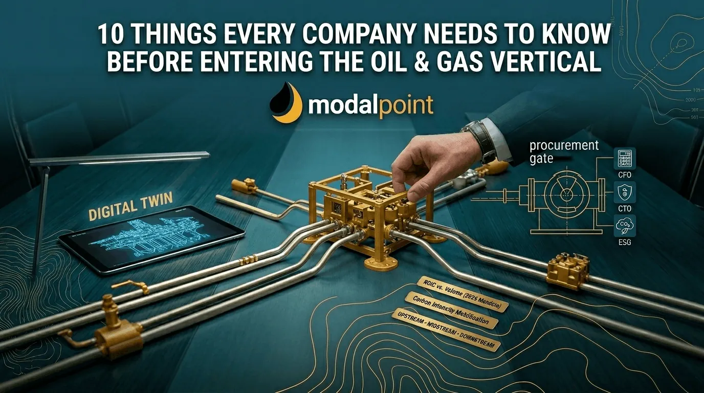 A man's hand interacting with a detailed model of an intricate gold oil pipeline system on a digital conference table.