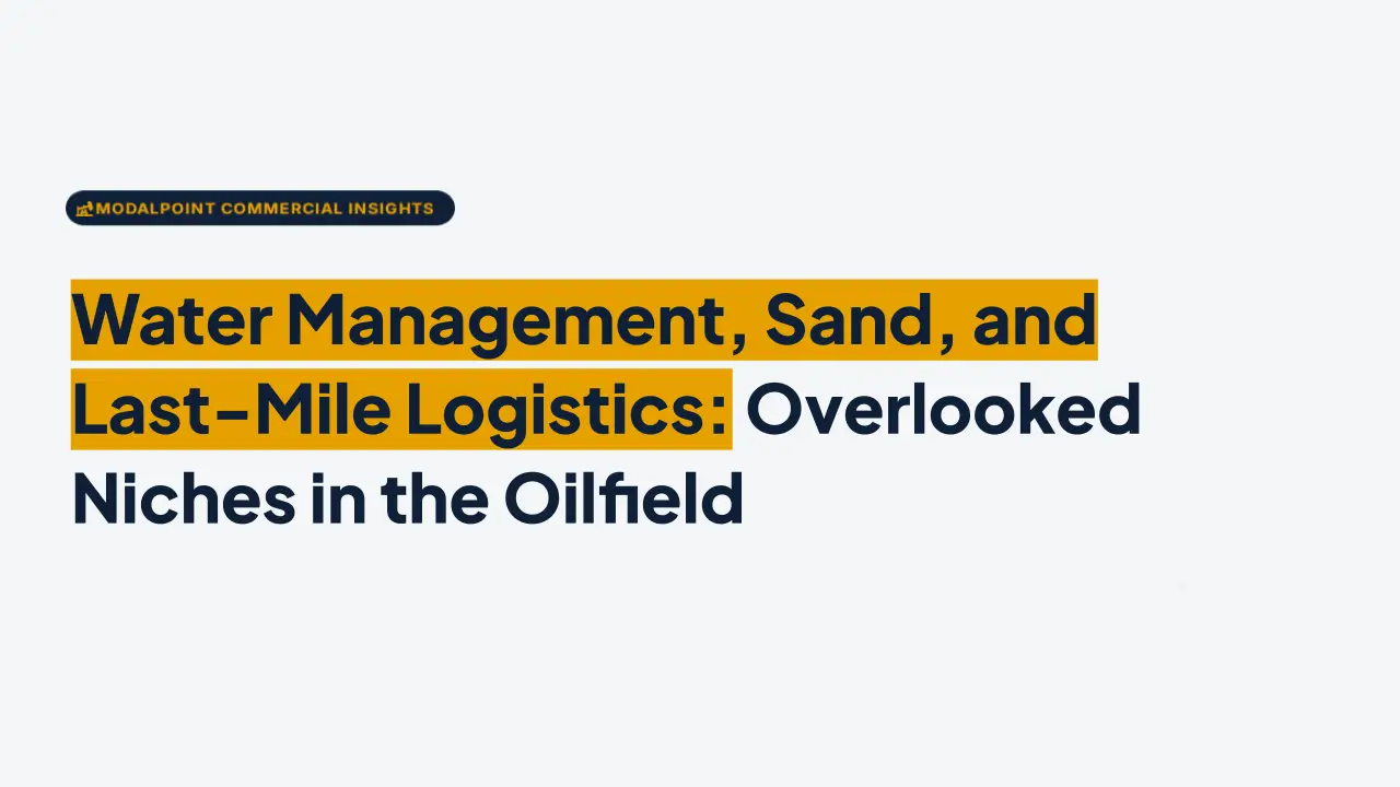 ModalPoint Commercial Insights banner titled "Water Management, Sand, and Last-Mile Logistics: Overlooked Niches in the Oilfield."