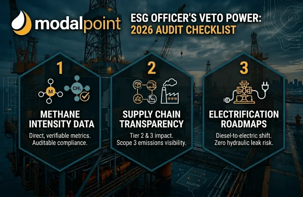 Technical infographic showing a three-point ESG audit checklist for methane data, supply chain, and electrification.