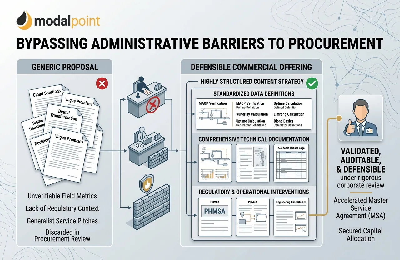 Infographic comparing a failed generic proposal to a successful structured content strategy with deep vertical alignment.