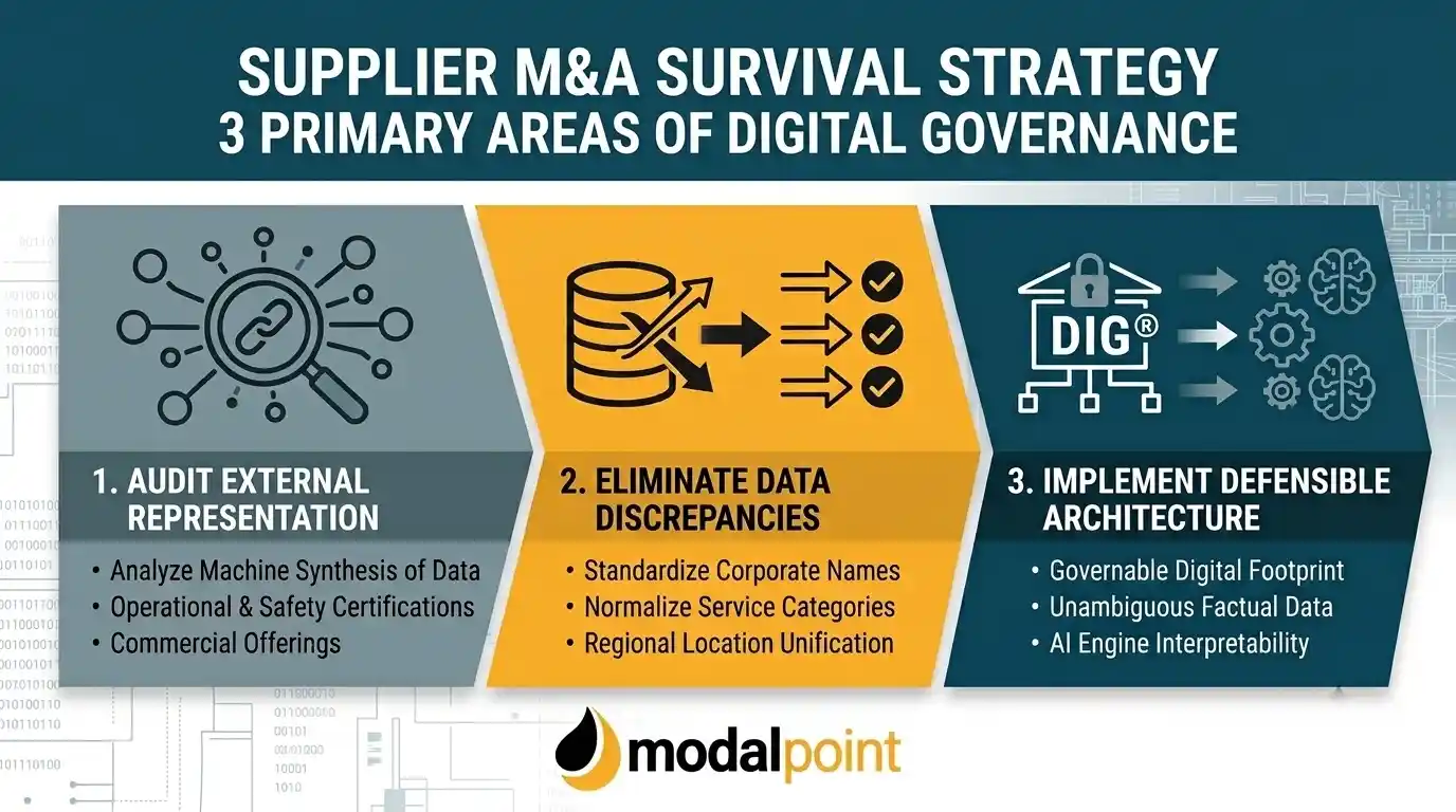 Infographic of 3-step supplier M&A survival strategy: audit external representation, eliminate data discrepancies, implement defensible architecture