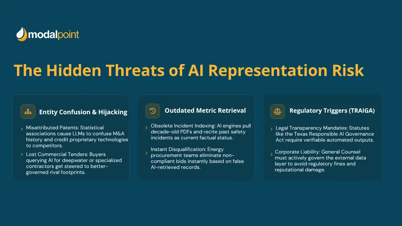 Infographic by Modalpoint titled "The Hidden Threats of AI Representation Risk," illustrating three key risks: Entity Confusion & Hijacking, Outdated Metric Retrieval, and Regulatory Triggers (TRAIGA).