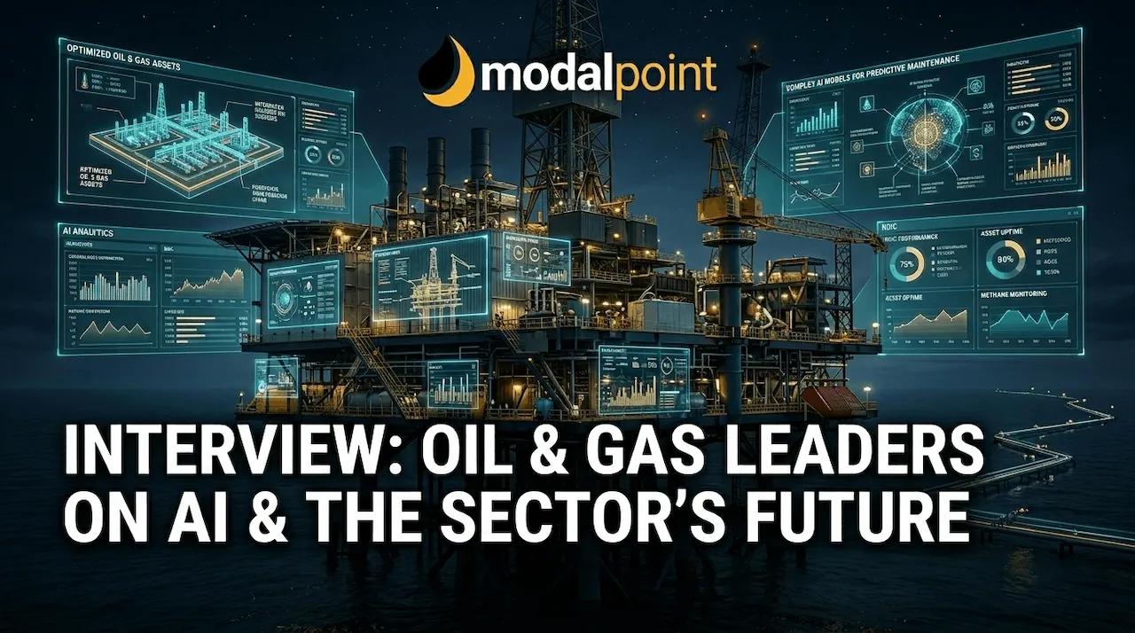 Offshore oil rig at night with overlaying digital dashboards displaying data metrics and the ModalPoint logo