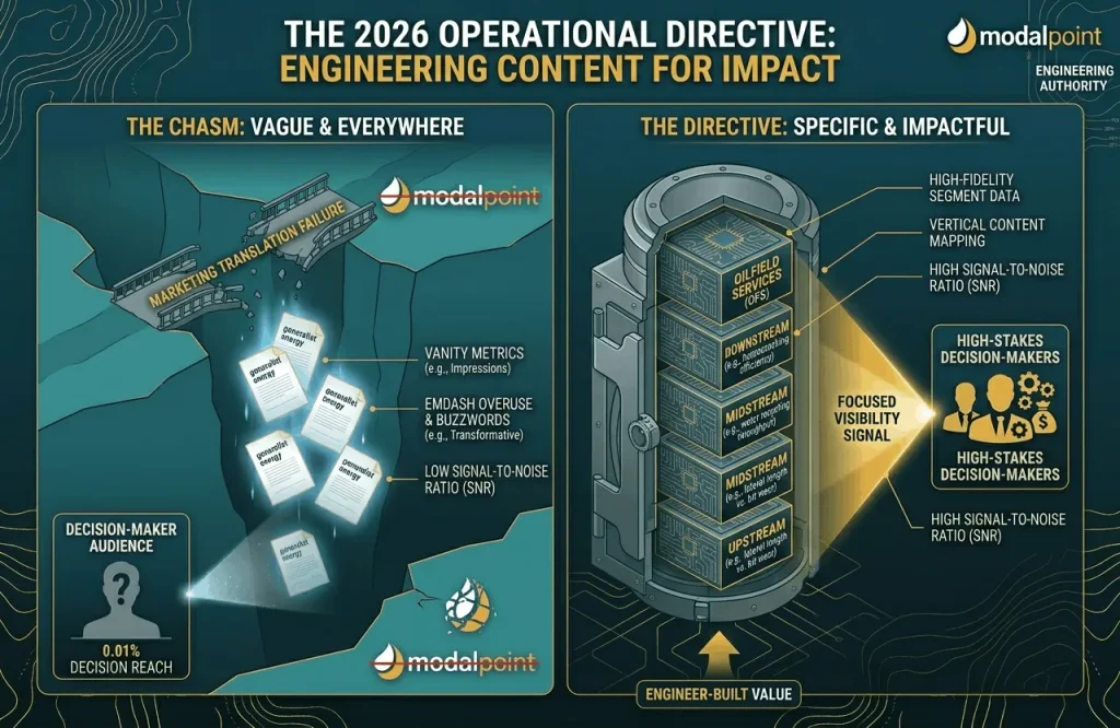 Diagram showing the chasm between generalist marketing and engineering-grade content for the energy sector.
