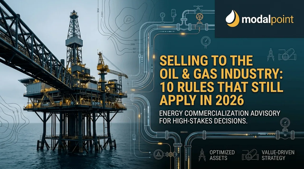Custom hero image for a blog about oil and gas sales strategy in 2026, featuring an offshore rig and technical data overlays.
