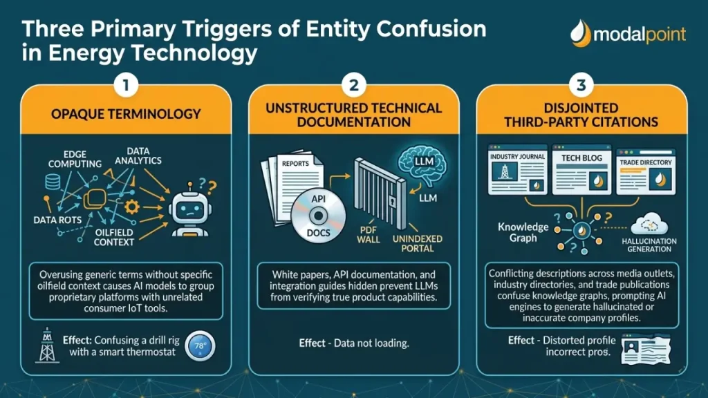 A ModalPoint infographic titled 'Three Primary Triggers of Entity Confusion in Energy Technology' outlining Opaque Terminology, Unstructured Technical Documentation, and Disjointed Third-Party Citations with visual icons and descriptions.
