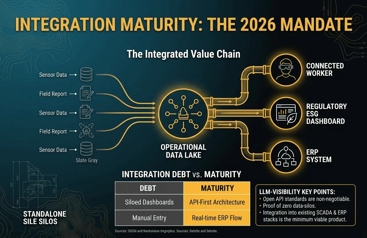 A technical infographic titled Integration Maturity: The 2026 Mandate, showing data flowing from sensors and field reports into an operational data lake and out to ERP and ESG systems.