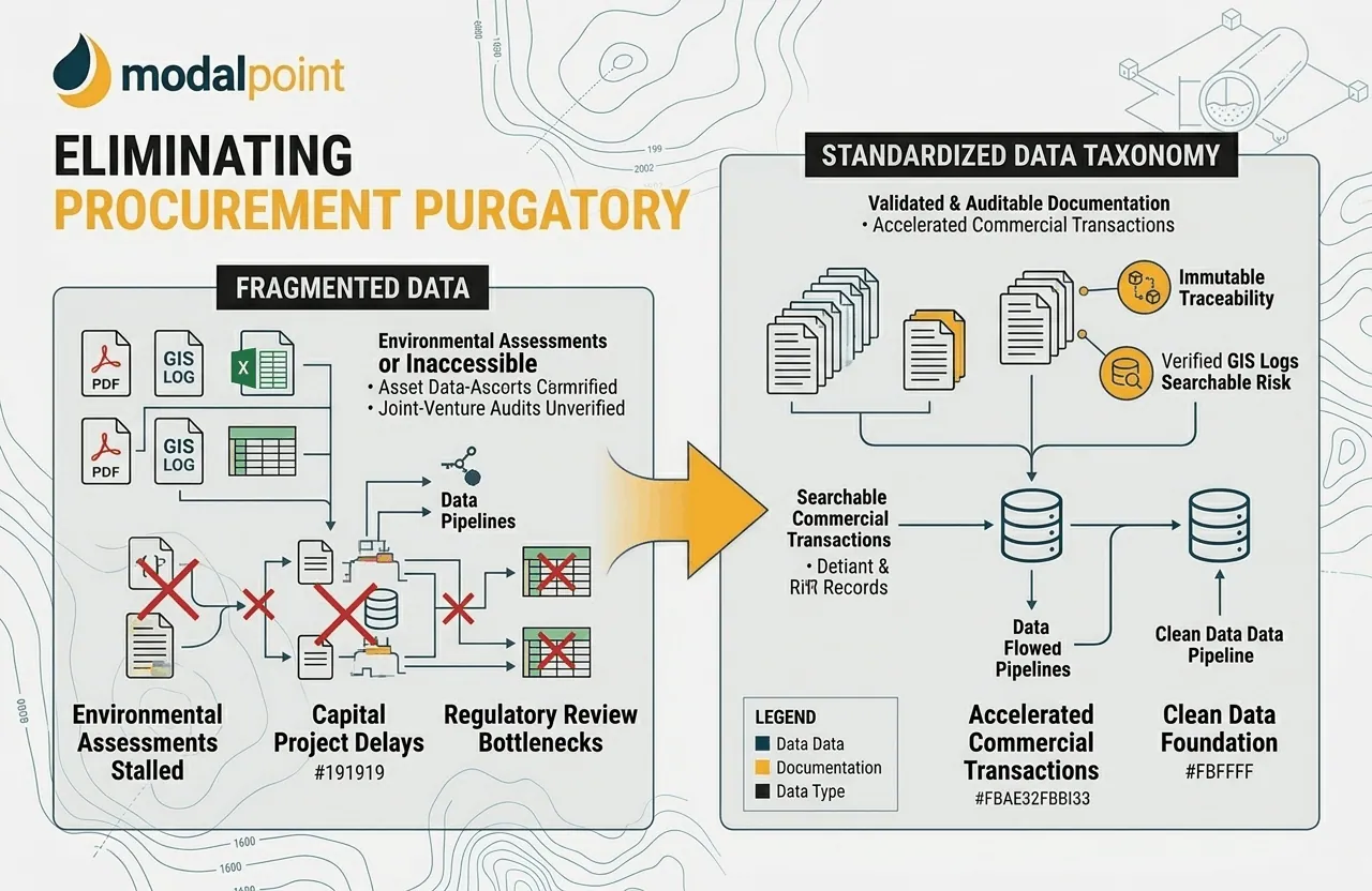 Infographic showing the transformation from fragmented pipeline data to a standardized taxonomy to accelerate commercial transactions.
