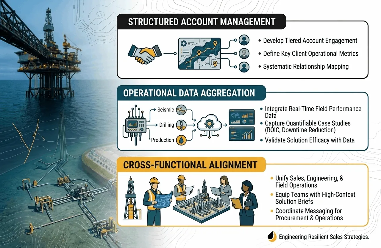 Three-panel strategic planning infographic mapping structured account management, operational data aggregation, and cross-functional alignment.