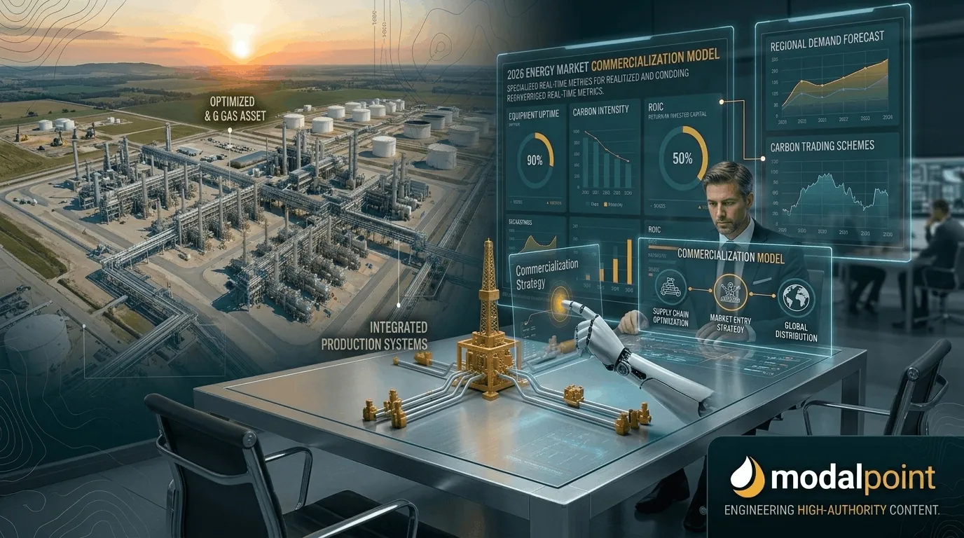 An executive viewing a 2026 energy market commercialization model on a digital twin interface with ROIC and carbon intensity data.