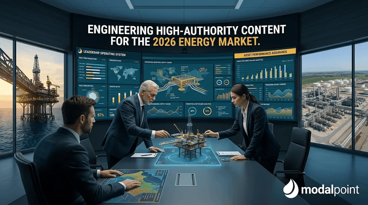 ModalPoint executives collaborating in an advanced command center visualizing specialized industrial data for the 2026 energy sector.