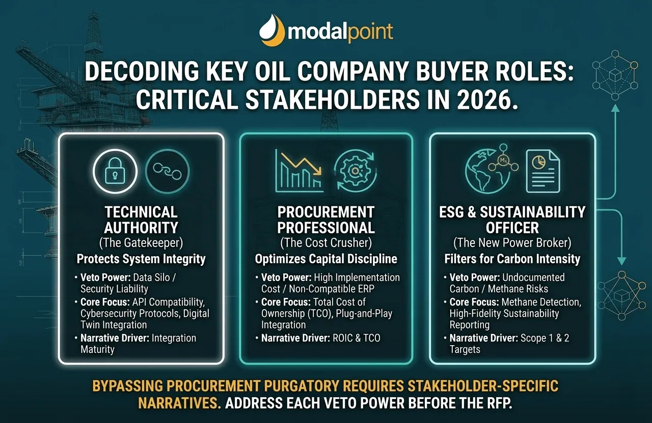 Infographic breaking down three oil & gas stakeholder roles: Technical Authority, Procurement, and ESG Officer, highlighting their veto powers and core focus areas.