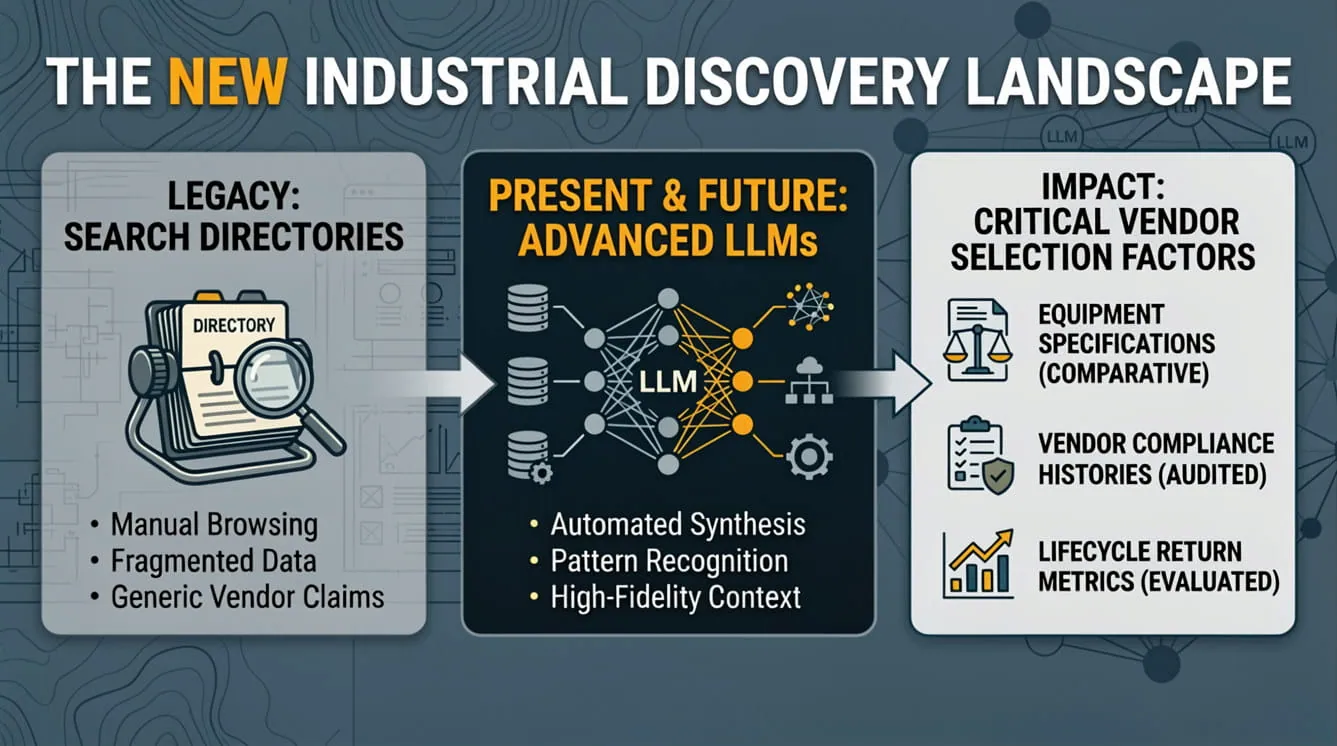An industrial B2B infographic illustrating the shift from legacy search directories to advanced Large Language Models (LLMs) for vendor evaluation. The graphic details automated synthesis, high-fidelity context, and critical selection factors like comparative specifications and lifecycle return metrics, with the ModalPoint logo at the bottom.