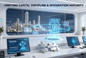 A high-tech control room with a panoramic view of an industrial facility overlaid by a glowing holographic "Digital Twin." In the foreground, computer monitors display "Capital Discipline" metrics alongside large, interlocking silver puzzle pieces labeled "Hi-Fidelity Metrics