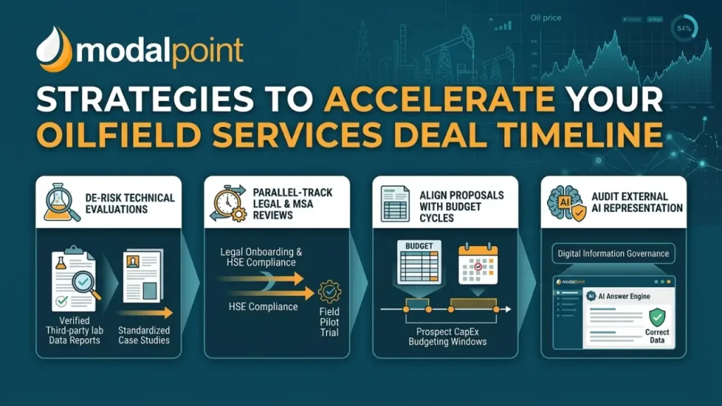 A professional infographic titled "Strategies to Accelerate Your Oilfield Services Deal Timeline" by ModalPoint. Set against a dark teal background featuring oil price graphs, it illustrates a four-step process for compressing conversion windows: 1. De-Risk Technical Evaluations (using verified data and case studies), 2. Parallel-Track Legal & MSA Reviews (executing onboarding alongside field trials), 3. Align Proposals with Budget Cycles (mapping prospect CapEx windows), and 4. Audit External AI Representation (implementing Digital Information Governance for AI answers).