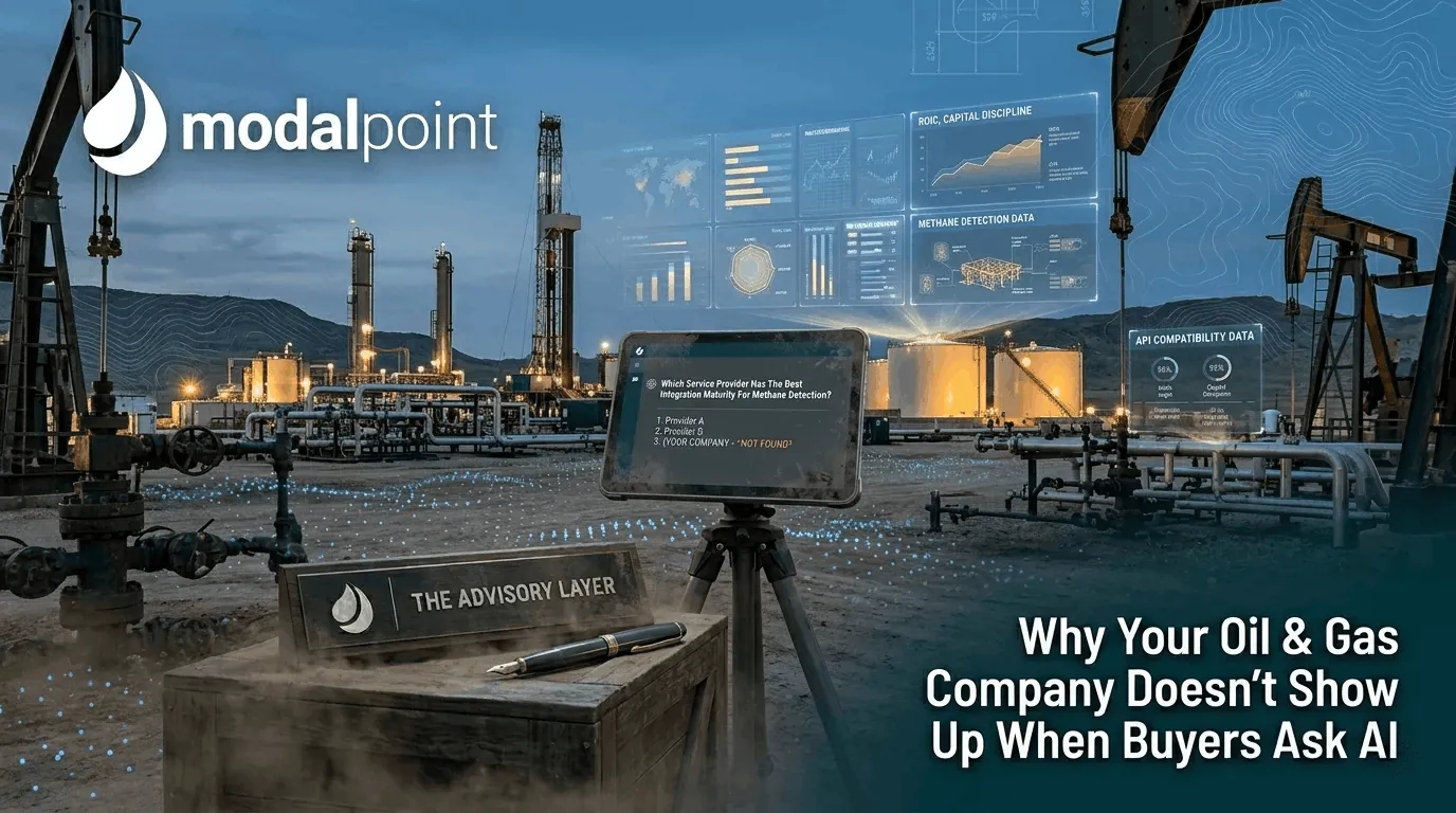 A rugged tablet in an oilfield at dusk, showing a failed AI vendor search alongside industrial data visualizations.