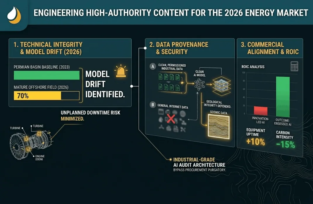 Infographic illustrating the three pillars of AI audit in the energy sector: technical integrity, data provenance, and commercial alignment