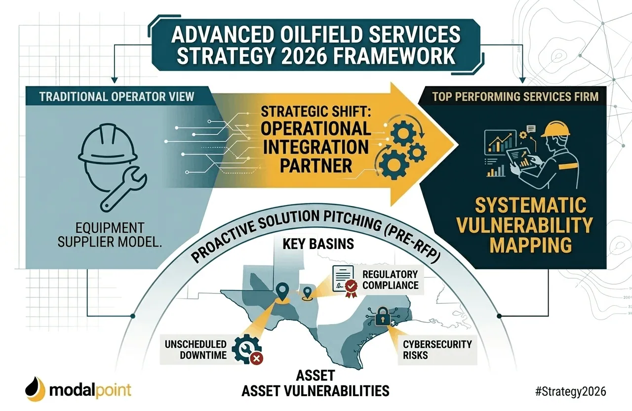 A 1070x700 infographic mapping the strategic shift from a traditional equipment supplier model to an operational integration partner, detailing key basin vulnerability tracking and asset risk mapping, branded for ModalPoint.