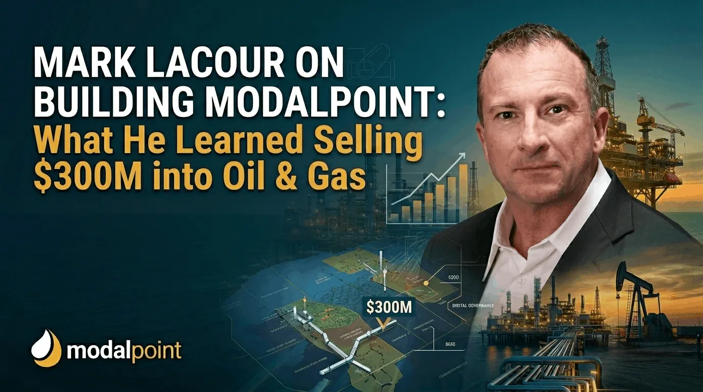 A professional 1280x720 corporate hero graphic featuring an integrated portrait of Mark LaCour alongside bold typography titled 'MARK LACOUR ON BUILDING MODALPOINT: What He Learned Selling $300M into Oil & Gas,' overlaid on a dark, technical deep-sea teal industrial background featuring the official ModalPoint logo without a byline.