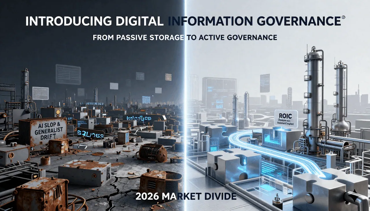 A split-screen 3D render comparing a dark, rusted landscape labeled "AI Slop & Generalist Drift" on the left with a bright, futuristic data refinery labeled "ROIC" (Return on Invested Capital) on the right, separated by a glowing blue light beam.