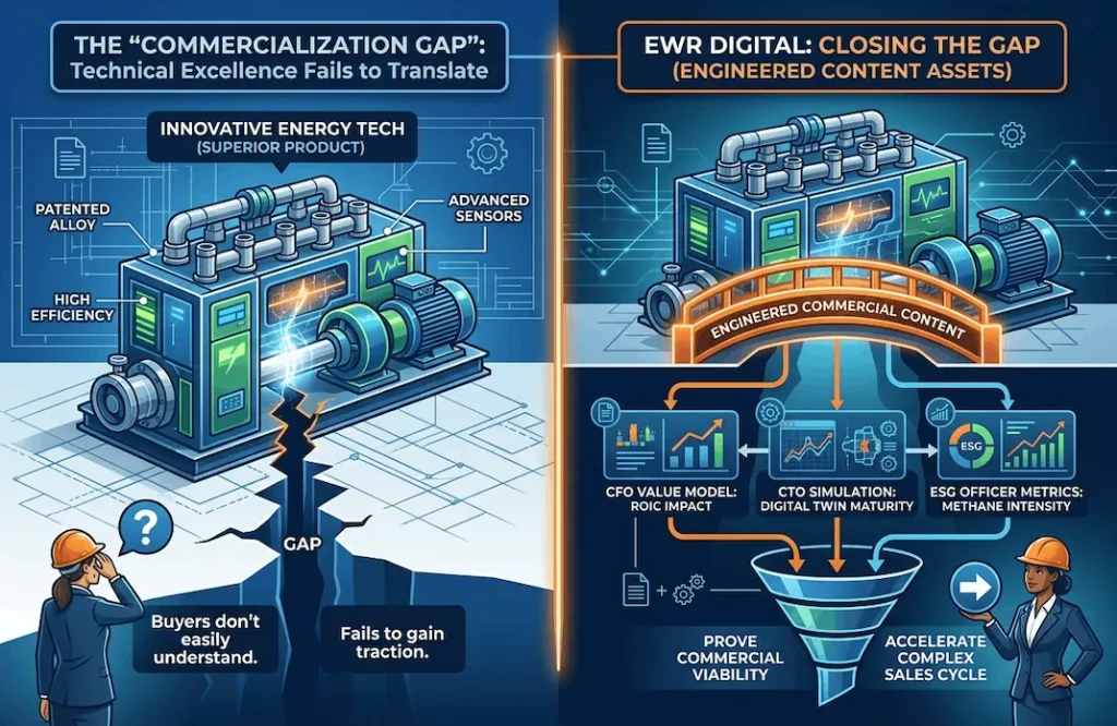 A split infographic showing "Technical Excellence" failing to translate (left) versus EWR Digital "Closing the Gap" (right) using engineered content for CFOs, CTOs, and ESG Officers.