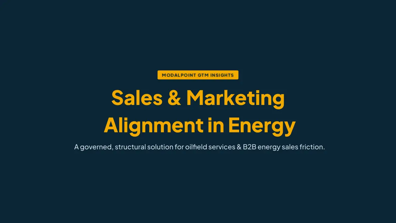 ModalPoint GTM Insights banner featuring the main title "Sales & Marketing Alignment in Energy" with the subtitle "A governed, structural solution for oilfield services & B2B energy sales friction."