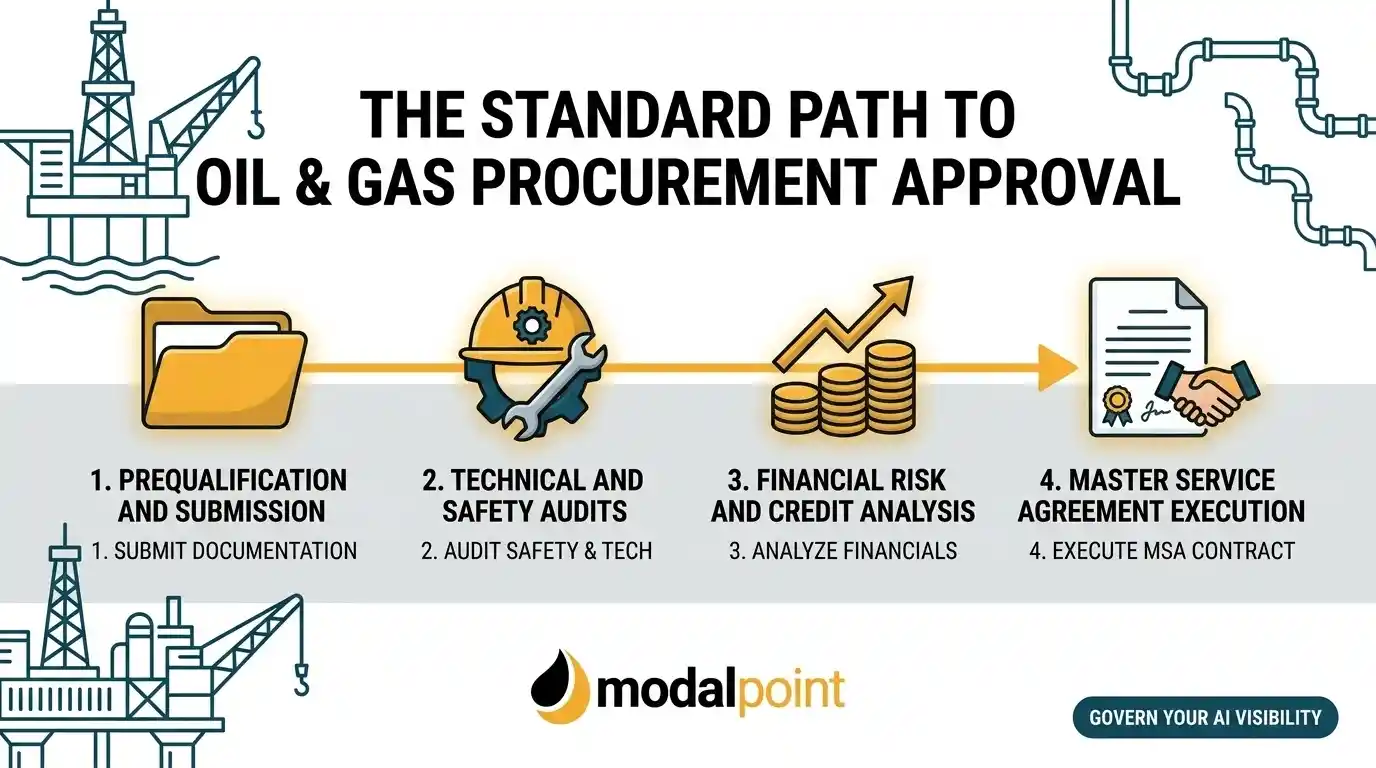Infographic showing the 4-step oil and gas procurement approval process: prequalification and submission, technical and safety audits, financial risk and credit analysis, and master service agreement execution