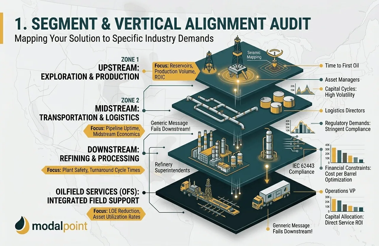A technical 1070x700 four-tiered infographic detailing the ModalPoint Segment & Vertical Alignment Audit, mapping Upstream, Midstream, Downstream, and OFS verticals across operational zones, capital cycles, and key asset performance metrics, branded for ModalPoint.
