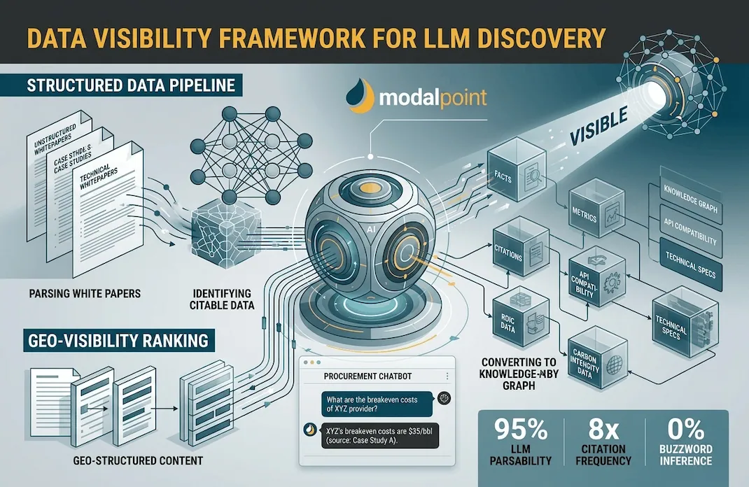 Conceptual illustration of an AI model structuring and indexing industrial data for easy parsing and discovery by large language models.