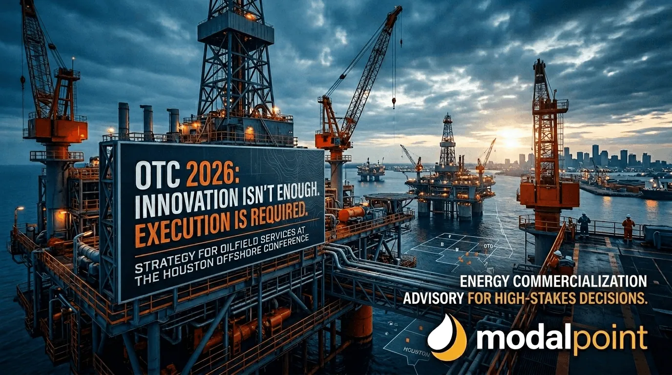 Offshore drilling platform complex at dawn with a large technical billboard