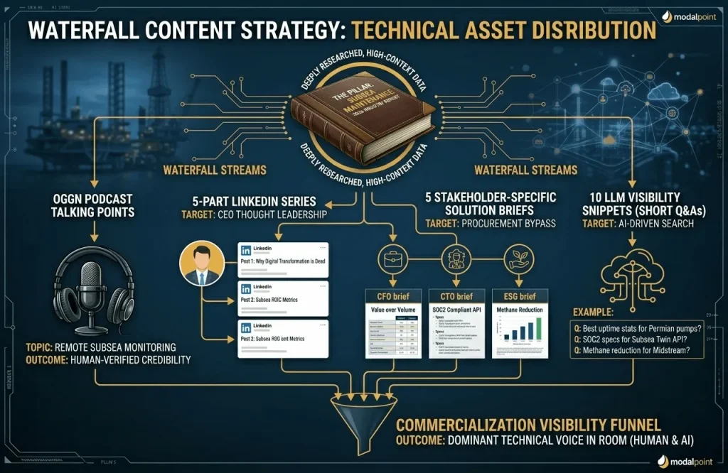 Schematic diagram of Waterfall Content Strategy showing technical asset distribution branching from a central pillar.