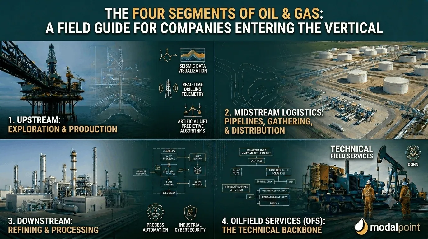 Detailed infographic mapping the Upstream, Midstream, Downstream, and Oilfield Services segments of the energy market with their associated technical data.