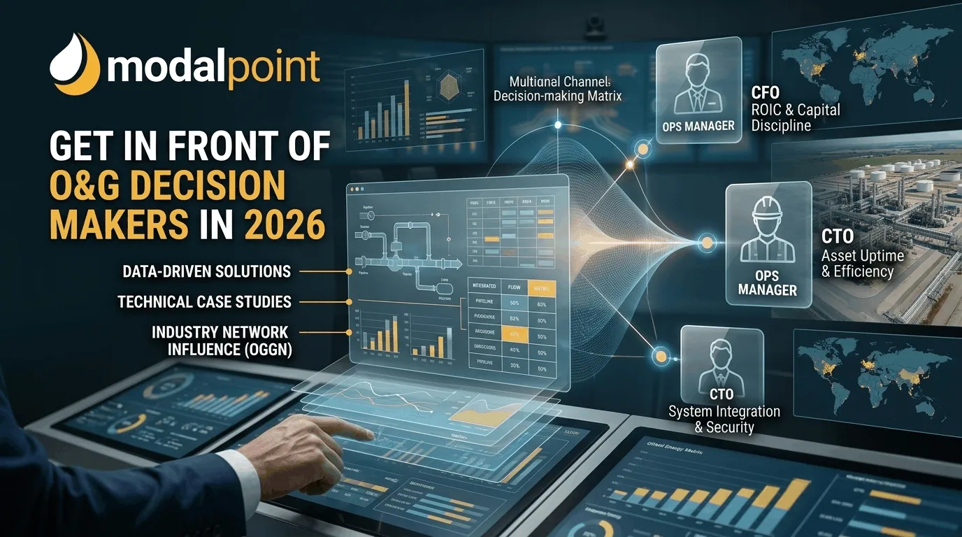 Infographic detailing strategies to engage oil and gas CFOs, Ops Managers, and CTOs in 2026.