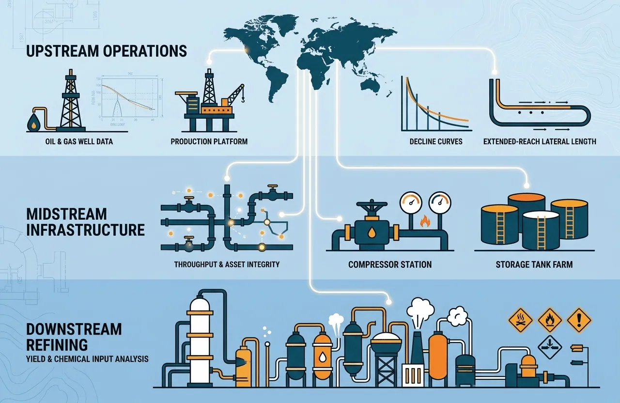 A vertical infographic illustrating the integration of Upstream (wells and data), Midstream (pipelines and SCADA), and Downstream (refineries and dashboards) operations against a world map background.