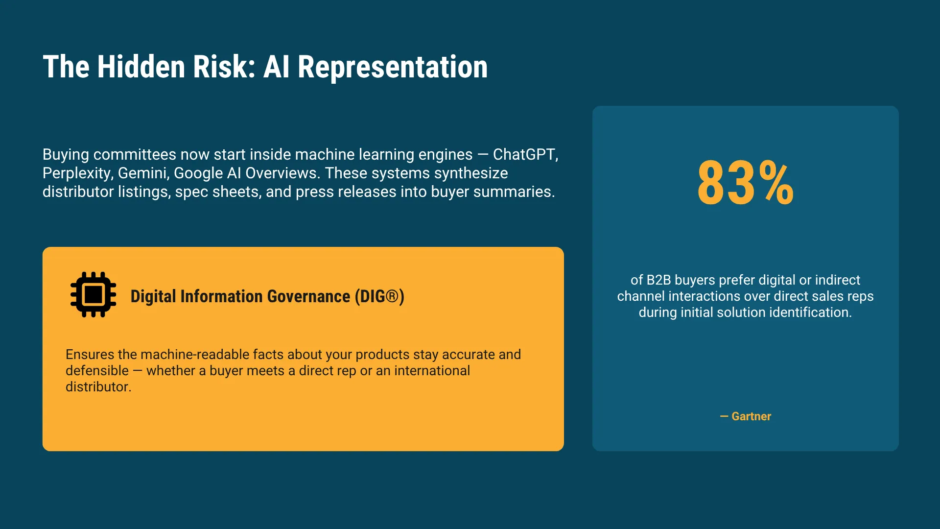 Modern enterprise buying decisions start inside machine learning engines, including ChatGPT, Perplexity, Gemini, and Google AI Overviews. These systems synthesize web content, distributor listings, press releases, and legal disclosures to formulate buyer summaries. If your channel partners publish inaccurate technical specs or outdated pricing structures, AI models ingest these discrepancies, creating entity confusion and legal exposure.

