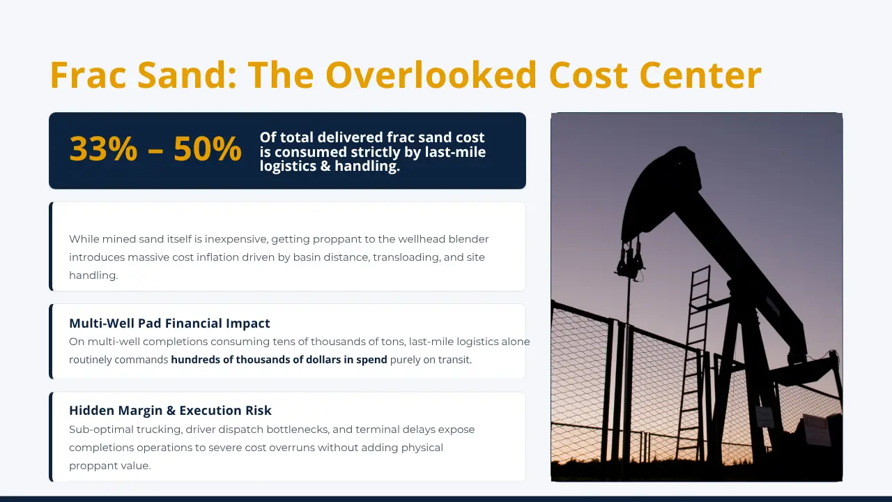 Infographic titled "Frac Sand: The Overlooked Cost Center" highlighting that 33% to 50% of total delivered frac sand costs are consumed by last-mile logistics.