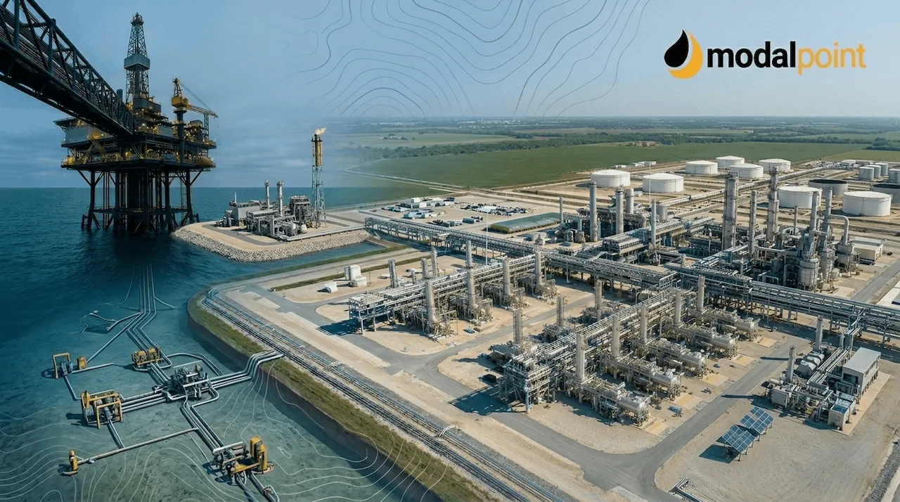 Panoramic industrial view blending offshore drilling, subsea pipelines, and sprawling on-shore refining assets under the ModalPoint brand.