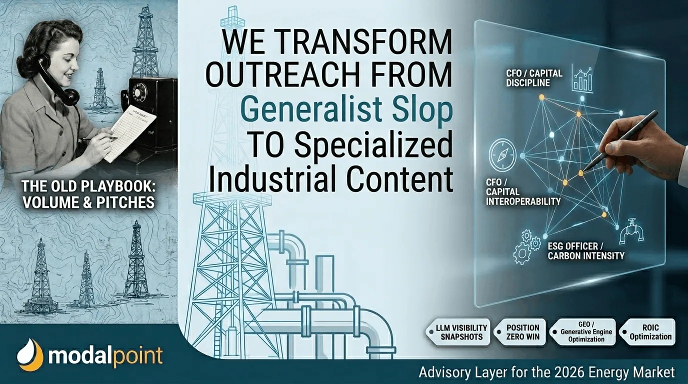 A strategic infographic contrasting obsolete volume-based oil and gas marketing pitches with data-driven, specialized industrial content for modern energy executives.