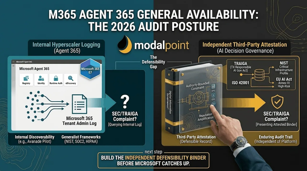 A technical infographic comparing Microsoft Agent 365's internal logging for general compliance with ModalPoint's independent AI decision governance and third-party attestation for regulated industries.