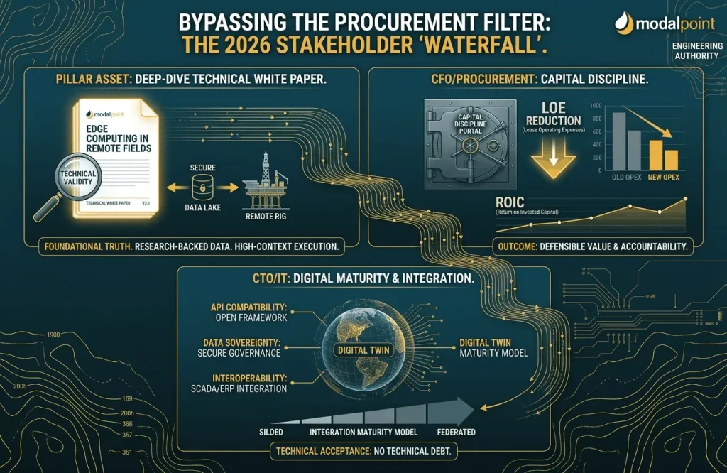 Infographic showing a 'waterfall' strategy from a technical whitepaper cascading to CFO and CTO solutions.