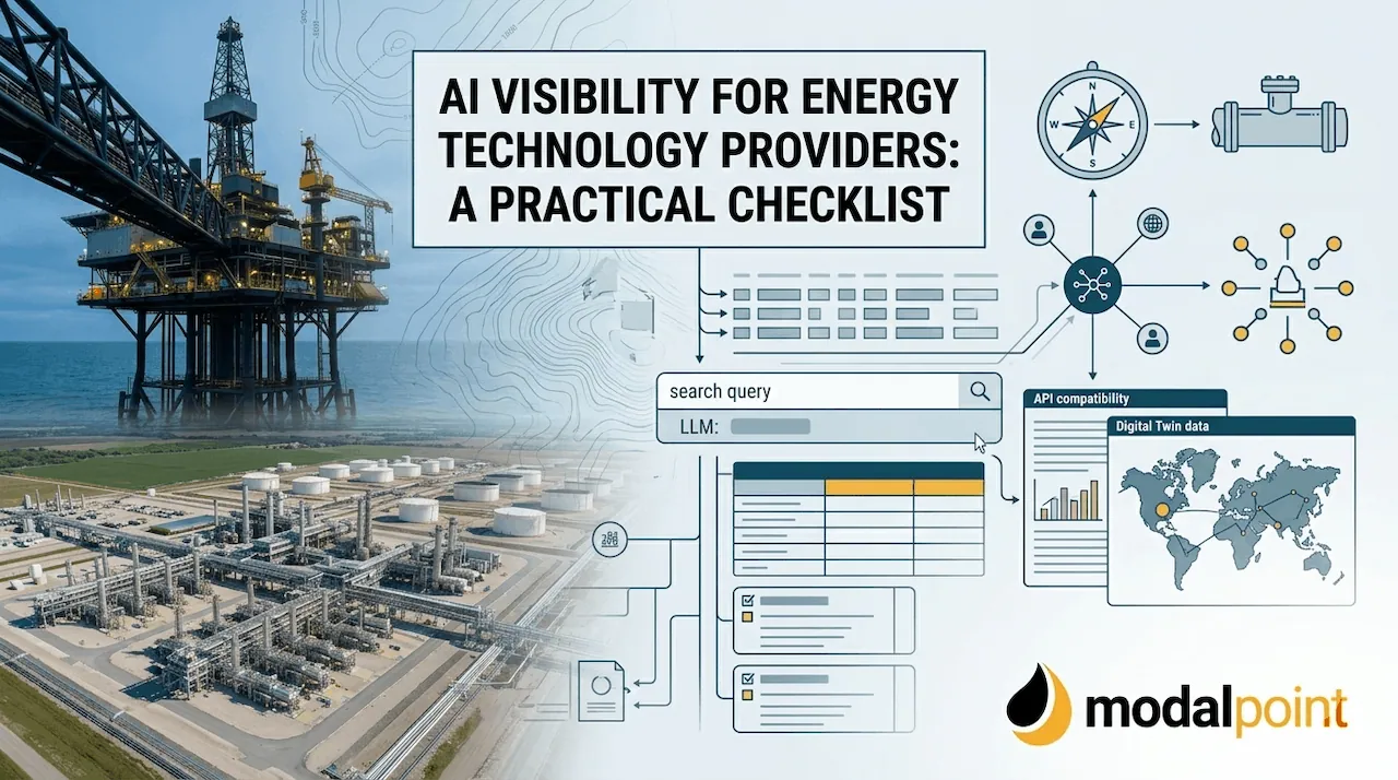 ModalPoint hero image for AI Visibility blog, combining industrial assets with technical schematics illustrating structured LLM data output.