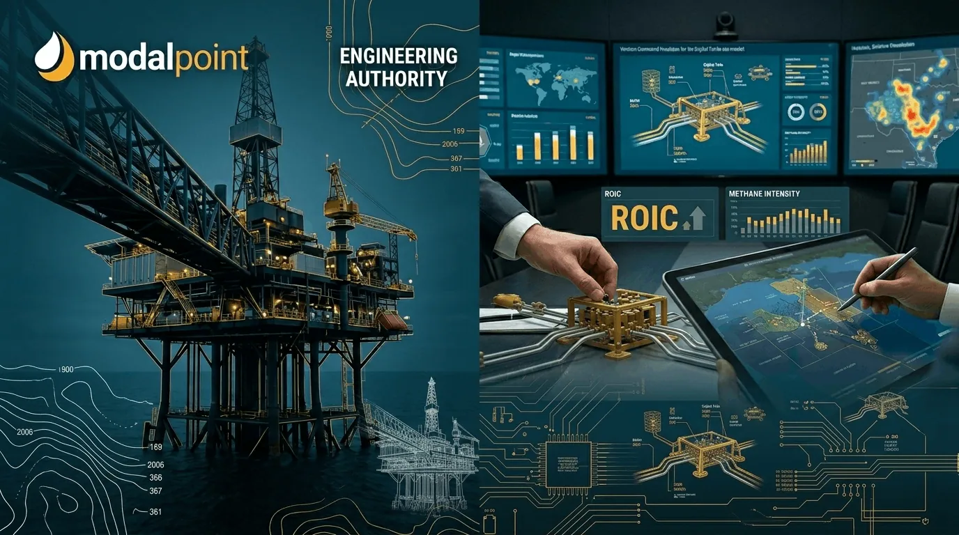 Industrial oil rig and digital command center displaying ROIC and methane intensity data.