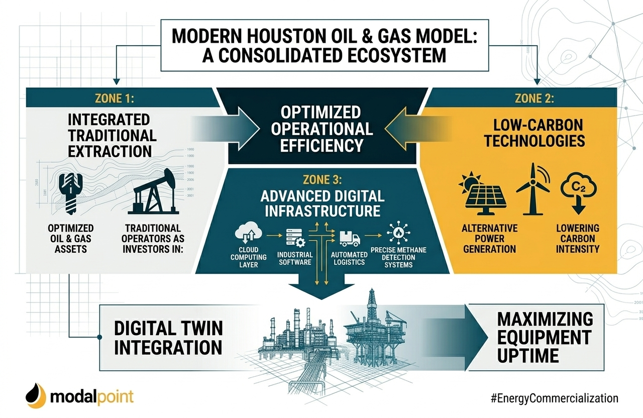 A technical infographic diagram illustrating the consolidated Houston energy ecosystem across three zones: integrated traditional extraction, low-carbon technologies, and advanced digital infrastructure powered by digital twin integration to maximize equipment uptime, branded for ModalPoint and tagged with EnergyCommercialization.