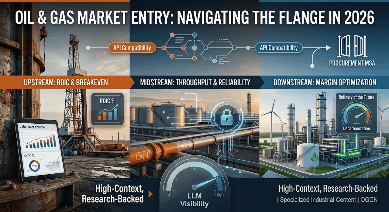 A technical infographic for the 2026 energy market mapping the transition from Upstream ROIC and Midstream reliability to Downstream margin optimization and decarbonization.