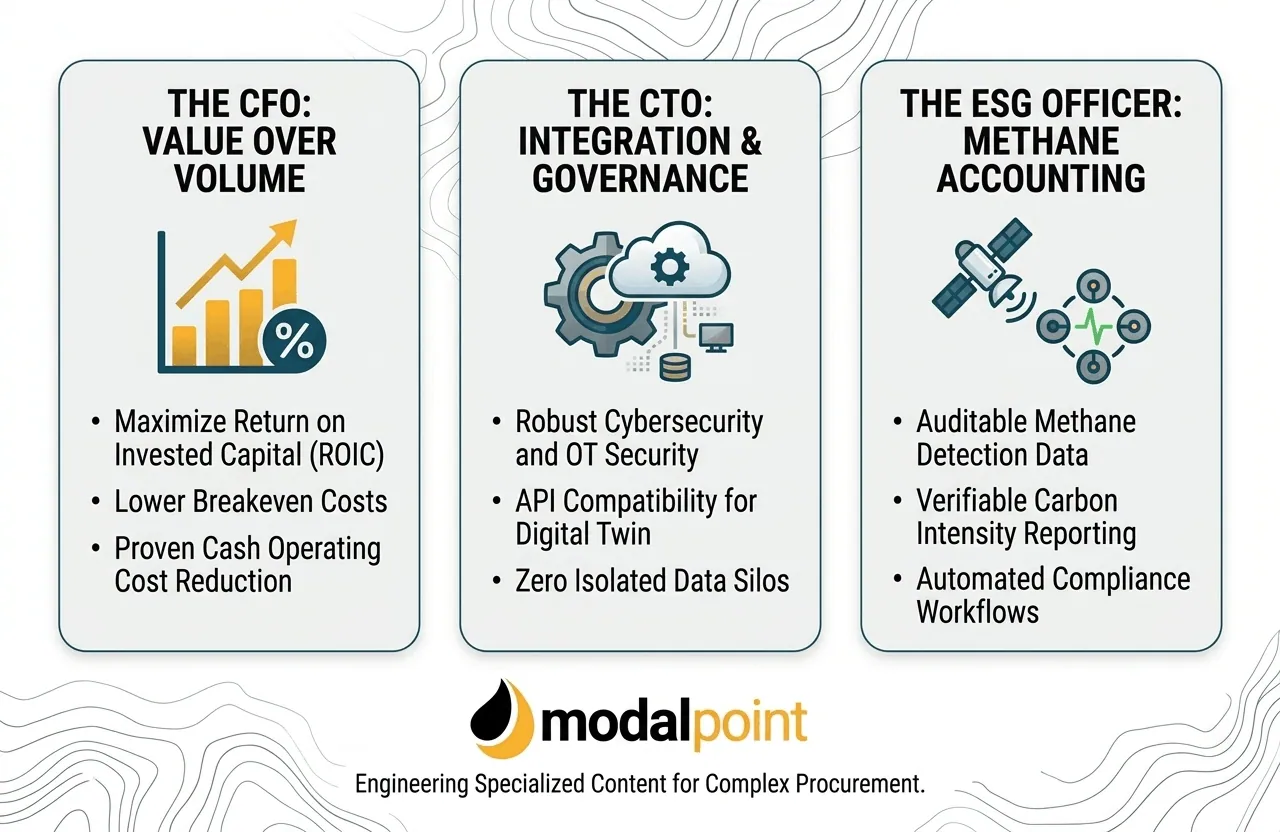 Three-panel infographic detailing distinct priorities for the CFO, CTO, and ESG Officer to help specialized technology bypass procurement purgatory.