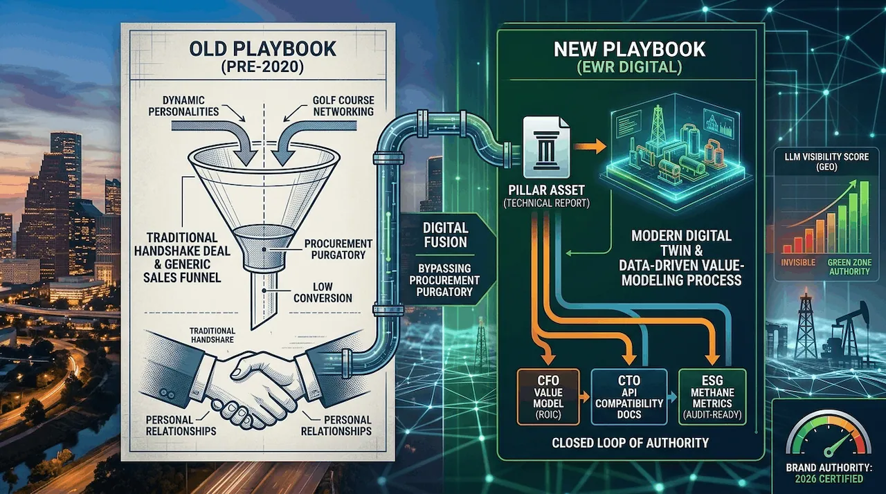 Infographic comparing the 2020 handshake sales model with the 2026 digital authority playbook, featuring value-modeling for CFOs, CTOs, and ESG Officers.