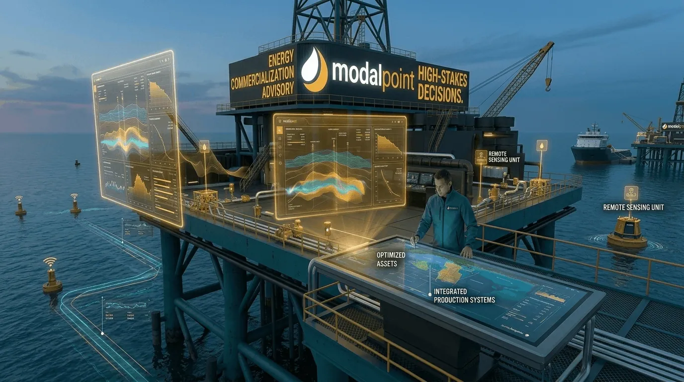 Offshore platform digital twin control room showing real-time data visualizations and 3D modeling on a vertical holographic screen