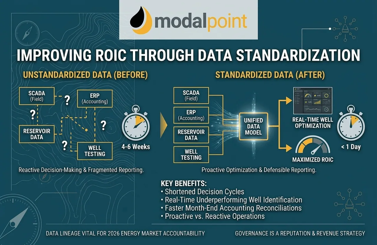 An infographic illustrating how shifting from fragmented oil and gas data to a unified data model accelerates ROIC and enables real-time proactive optimization.