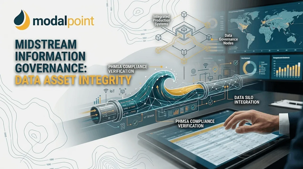 Infographic illustrating integrated production systems, data governance nodes, and PHMSA compliance verification for midstream information governance.