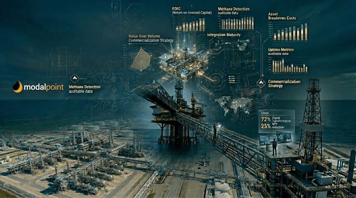 A wide panoramic digital illustration of a connected oil and gas infrastructure, from onshore to offshore, overlayed with glowing topographic lines, data charts for ROIC, methane auditable data, and asset breakeven costs.